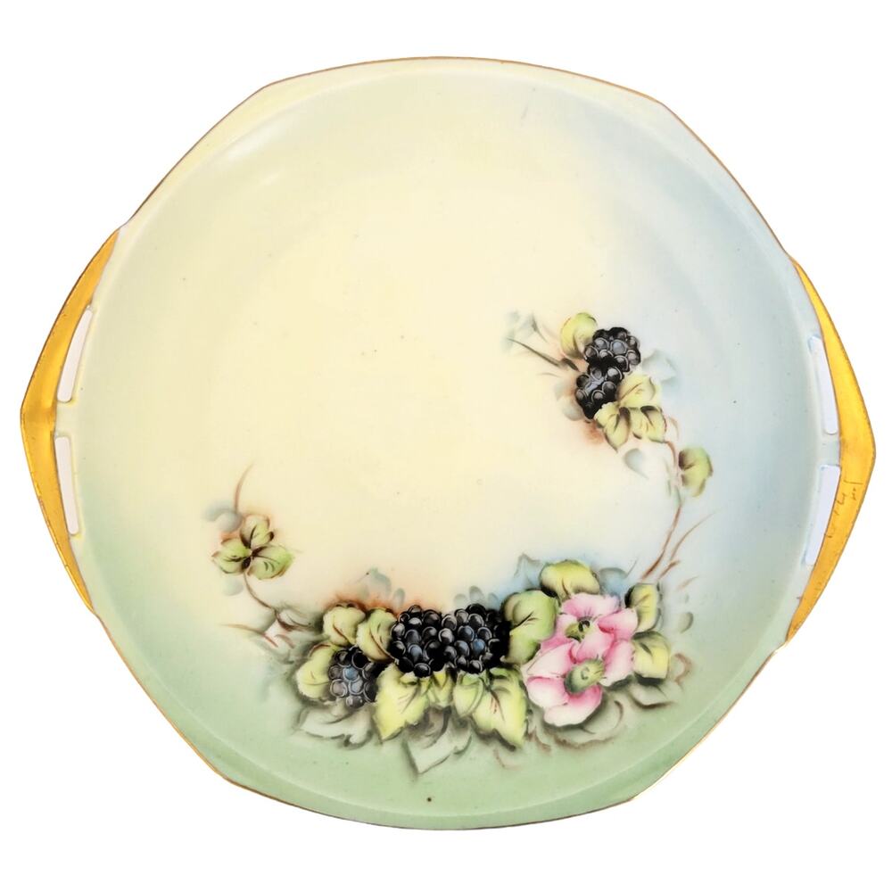 Vintage M Z Austria Painted Trinket Plate Black Berry Flowers Leaves Gold Accent